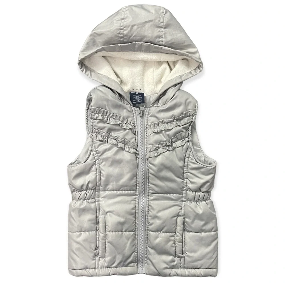 Faded Glory Soft Silver Toddler Girl’s Hooded Puffer Ruffle Front Vest 5T